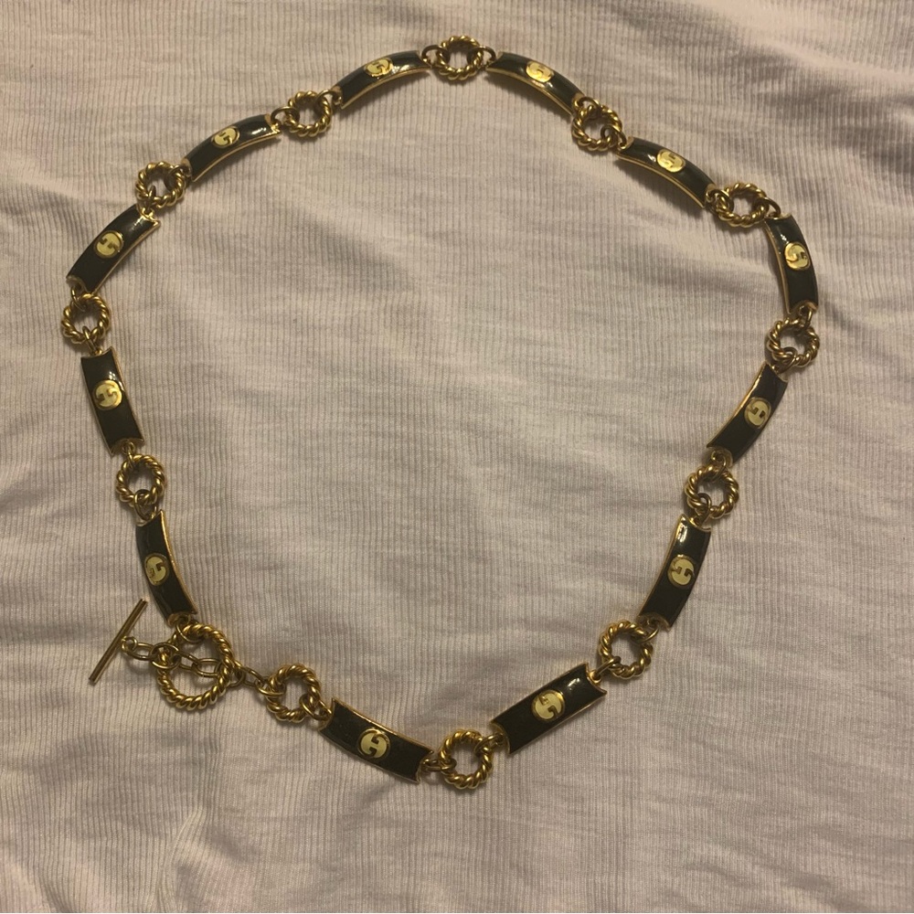 1970's Vintage Gucci Enamel Chain Belt/ Necklace - Gold, and black.